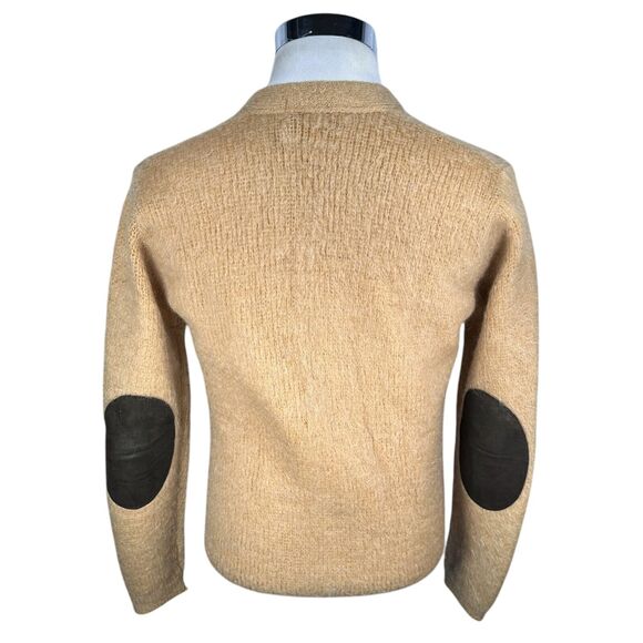 Vintage Revere Cardigan Kurt Cobain Mohair Sweater Mens Medium Tan 60s Elbow Pad - Picture 8 of 12